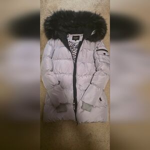 Light Lilac Down Jacket with Black Fox Fur Hood